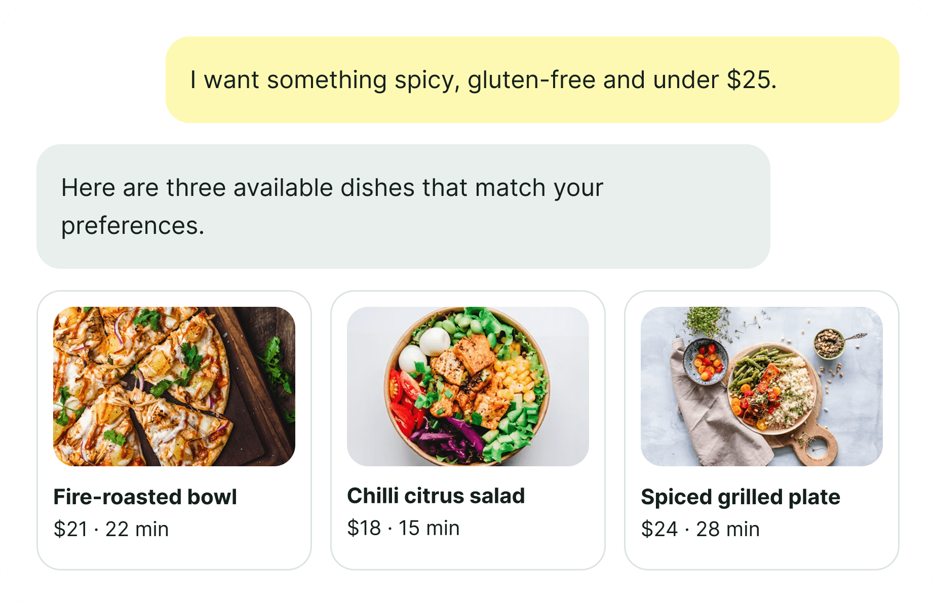 Stradha dining assistant chat recommending gluten-free spicy meals under $25