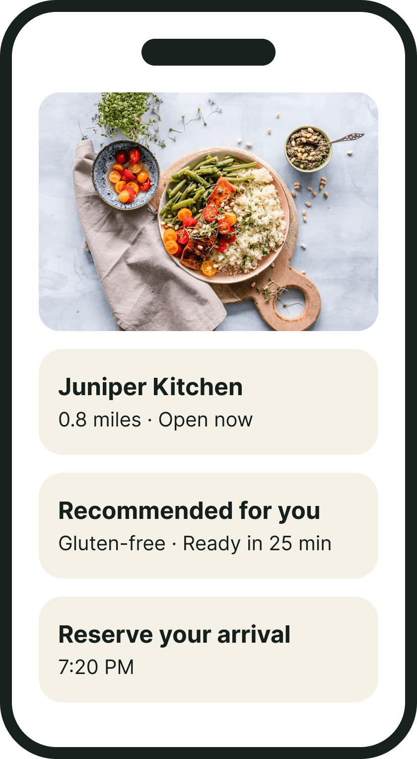 Stradha diner app showing restaurant recommendations and arrival reservation